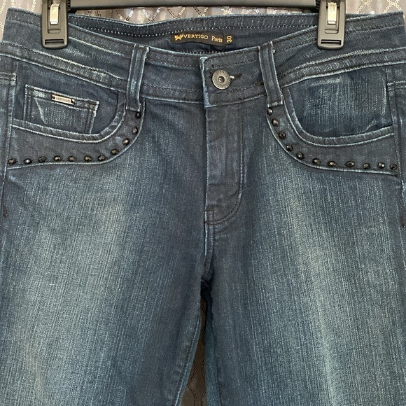 Vertigo Paris Glam Rhinestone Embellished Straight Leg Jeans in Dark Blue Sz 30 - Picture 3 of 7
